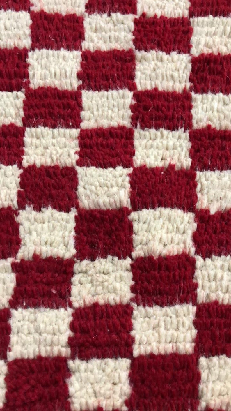 Red and white checkered rug, large moroccan berber checker area rug, morocco checkerboard rug, modern kitchen rug. image 7