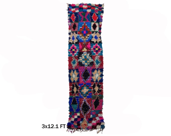 3x12 Colorful Moroccan long Runner: Vintage narrow boho rug!