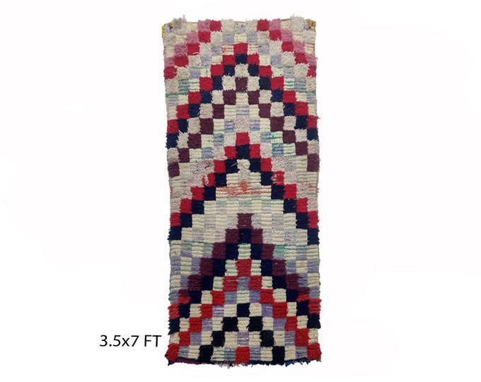 Vintage colorful checkered rug 3.5x7, Narrow Moroccan rug.