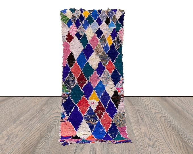 Moroccan Vintage Boucherouite narrow small runner rugs, 3x5 Handwoven Berber Colorful  Rugs.