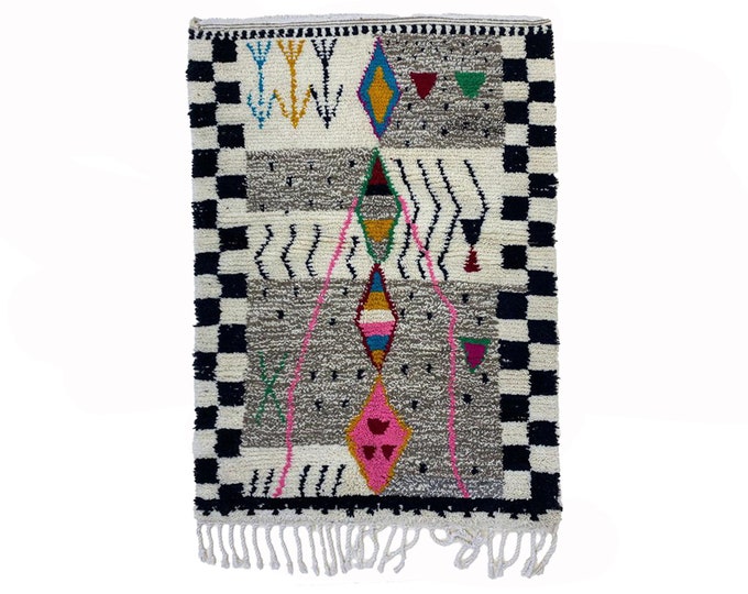Custom Abstract Moroccan Berber Rug , Handwoven Wool Rug with Fringes.