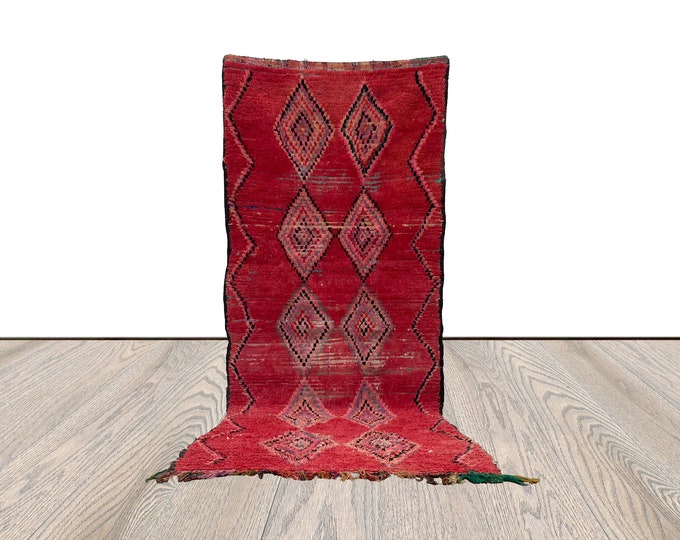 Boho Vintage area red Rug, Moroccan woven Wool and Cotton Rug 4x9 feet.