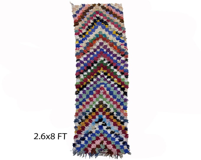 Narrow colorful 3x8 runner rugs, Moroccan checkered rug runner.