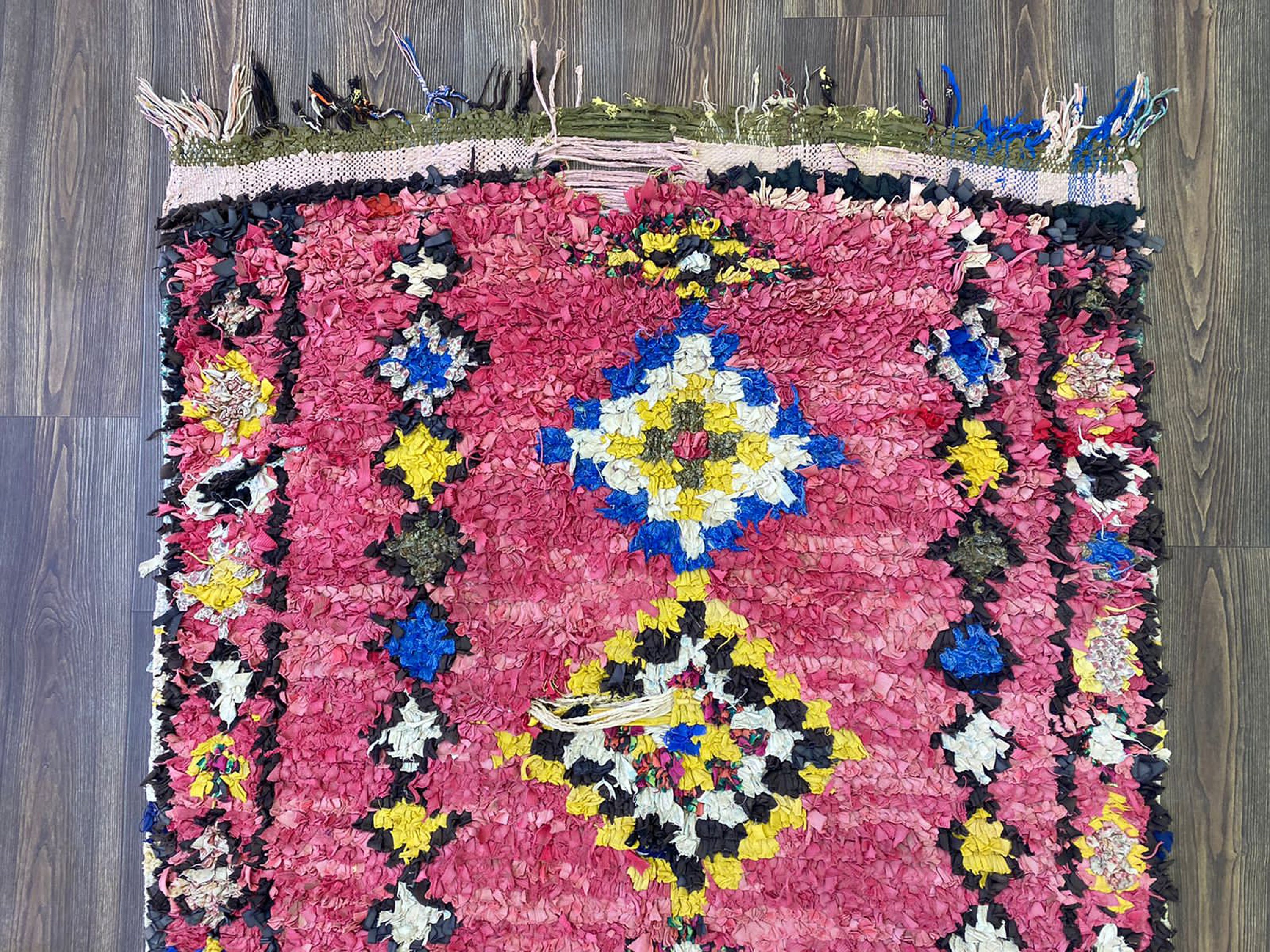4x7 Magenta Boucherouite Vintage Shag Rug. Moroccan Berber Runner