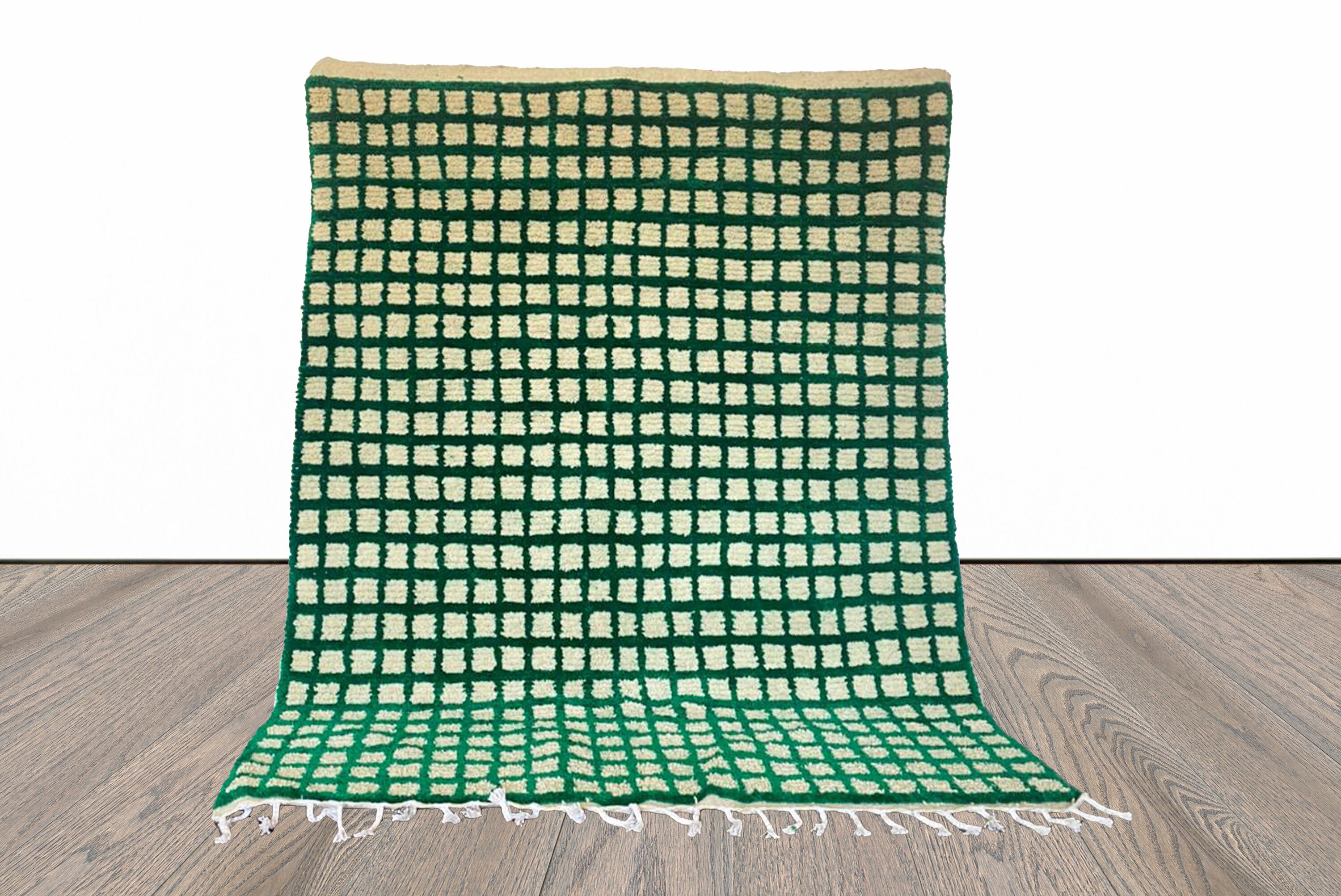 Moroccan Berber Green and Offwhite Grid area rug!