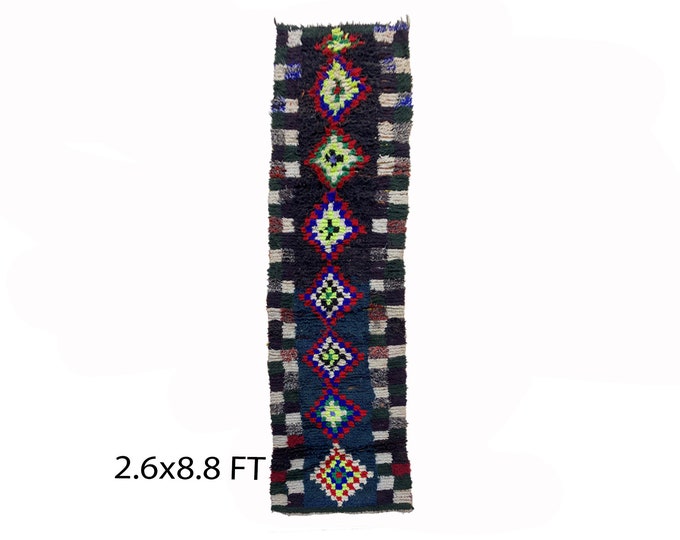 Moroccan multi color 3x9 runner rug, long vintage rug runner.