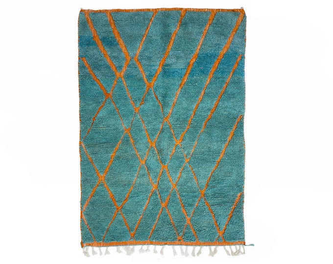 Teal and Orange Handwoven Moroccan Berber Rug, Geometric Wool Rug for Modern Home Decor.