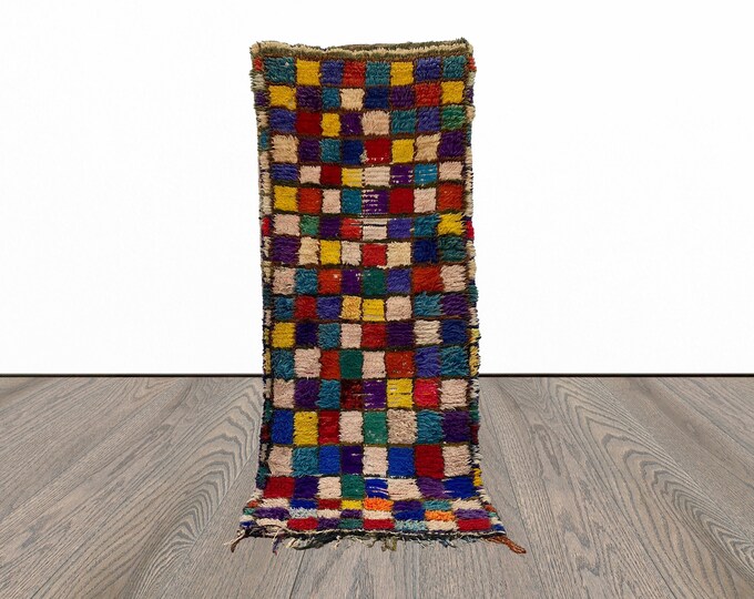 3x7 Feet Vintage colorful checkered Berber Rug.