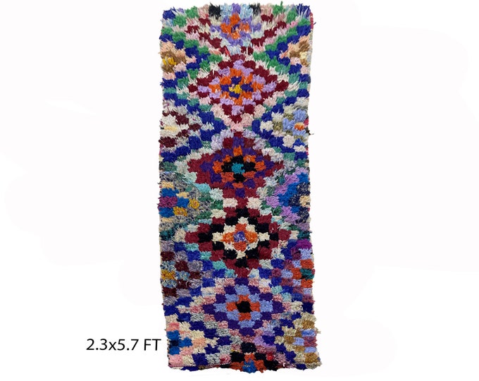 Moroccan vintage runner rug 3x6, checkered small runner rug.