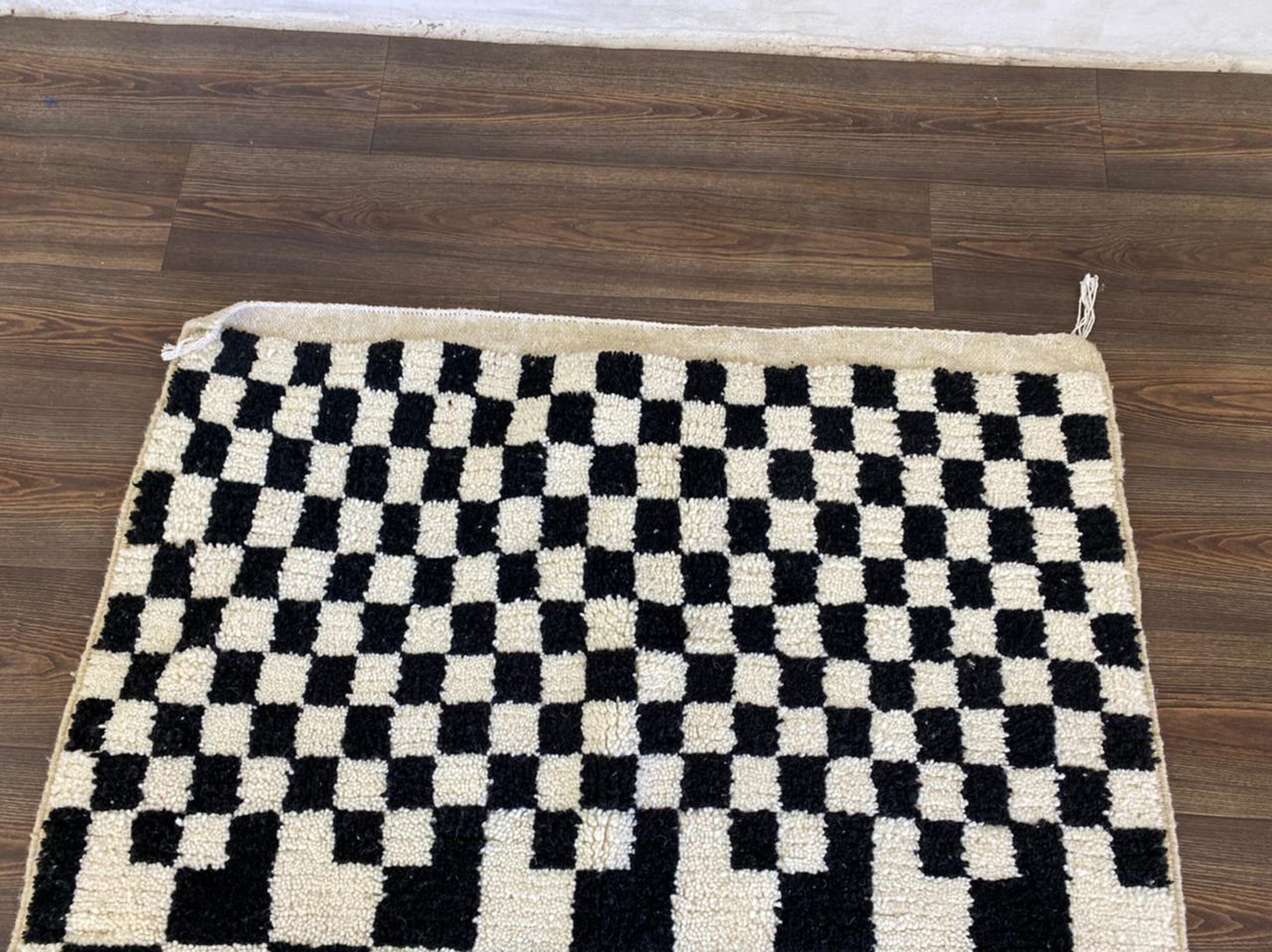 Moroccan area Rugs, Hand Made Black and White Checkerboard Rug 4x6.