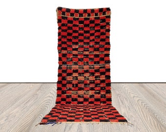 3x8 ft moroccan Checkered Rug, berber vintage red and black runner Rug.