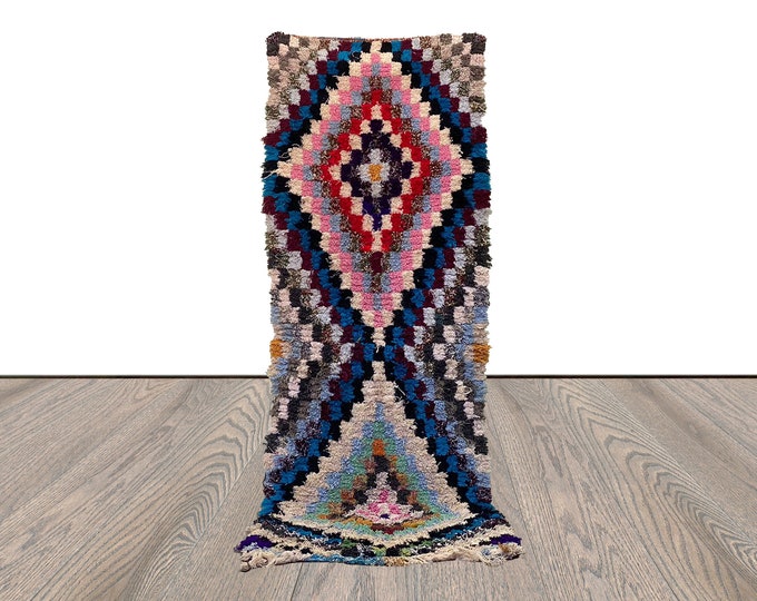 Runner Boucherouite Checkered Rug, 3x8 Moroccan Berber colorful old Rugs.