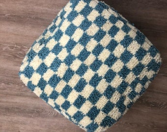 Moroccan Berber light Blue and white large checkered pouf ottoman!