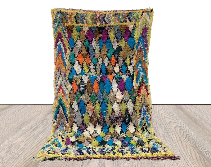 3 x 6 ft Boucherouite small vintage boho diamond area Rug. Moroccan Berber colorful Rugs.