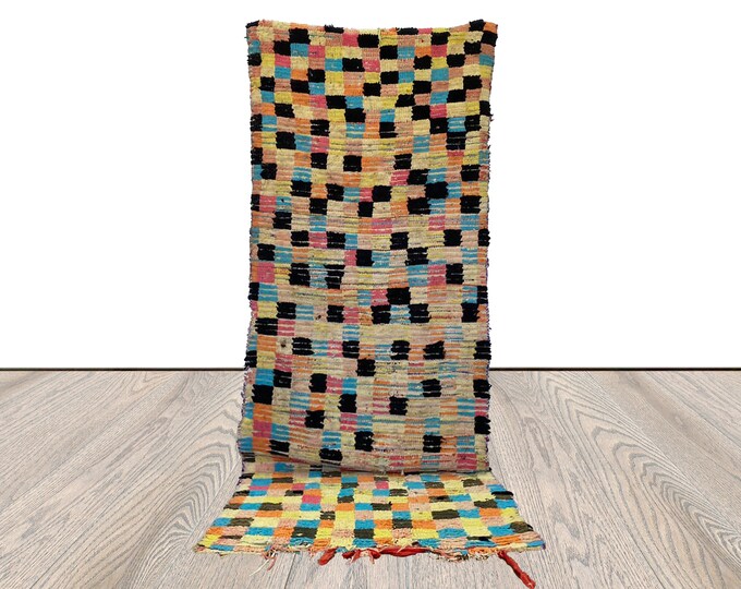 vintage checkered colorful Rug, 3x8 Moroccan Berber runner Rugs.