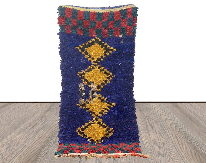 3x7 Boucherouite Narrow vintage runner Rugs, Moroccan Handwoven Recycled Materials Rug.