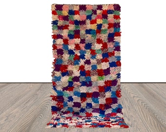 3x7 Checkered Colored Boucherouite Narrow Runner Rug.