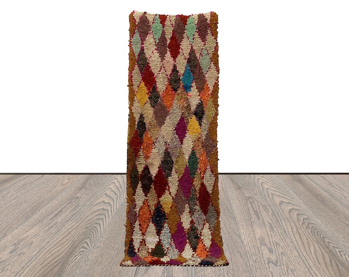 2x7 Berber Diamond colorful shag Rugs, Moroccan Boucherouite Vintage narrow runner Rug.