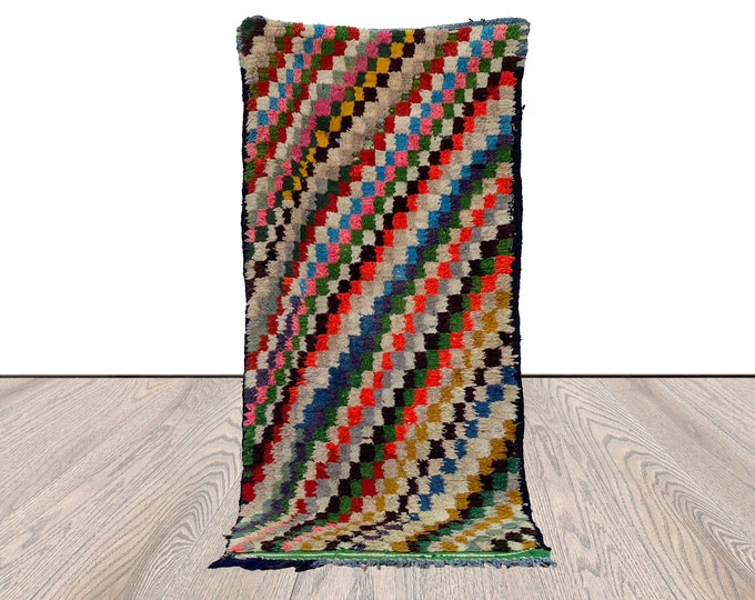Berber woven Checkered vintage Rugs, Moroccan runner Colorful Rug 3 By 6 ft.