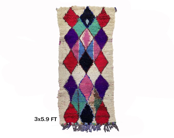 Handwoven Berber Moroccan 3x6 Rug, Colorful Vintage Diamond Rug!
