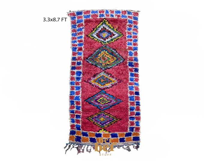 3x9 Boucherouite Vintage Moroccan Runner Rug.