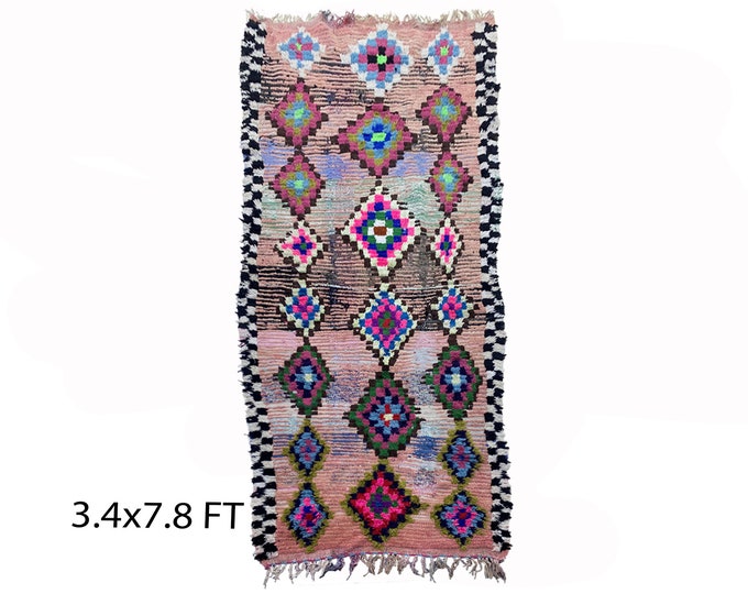 Moroccan diamond runner rug 3x8, Berber colorful rug runner.