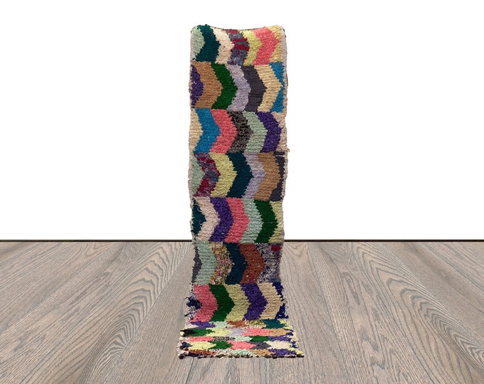 Chevron Runner Narrow Boucherouite Rug, 2x9 Moroccan Berber colorful old unique Rugs.