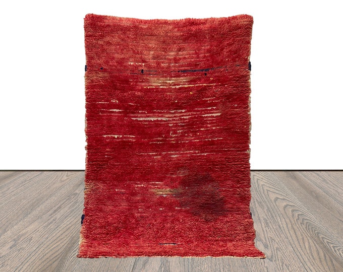 Vintage solid small area Rug, 3x6 Handwoven Berber Moroccan Rugs.