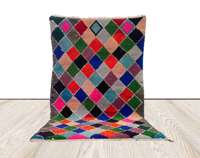 shaggy vintage checkered rug, moroccan berber rugs 3x5 ft.