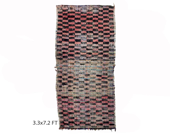 Checkered Vintage 3x7 Runner Rug , Unique Moroccan Berber colorful rug!