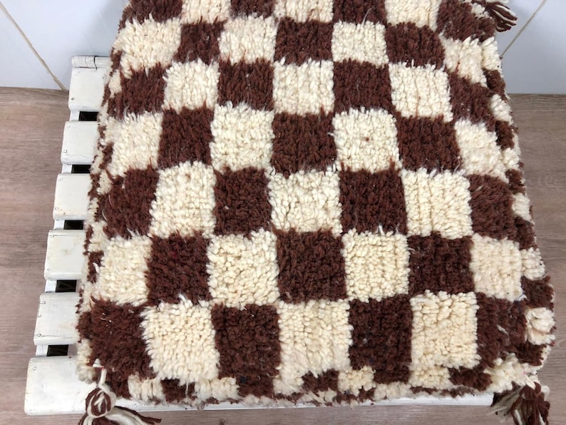 Moroccan checkered Pouf, Berber checker square Ottoman Brown and white