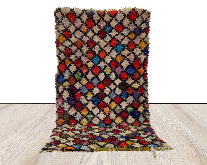 shaggyr colorful small runner rug, 3x6 ft, moroccan diamond unique rug.