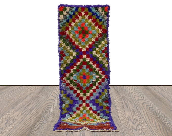 3x9 Vintage colorful Rug. Checkered Moroccan narrow runner Rug.