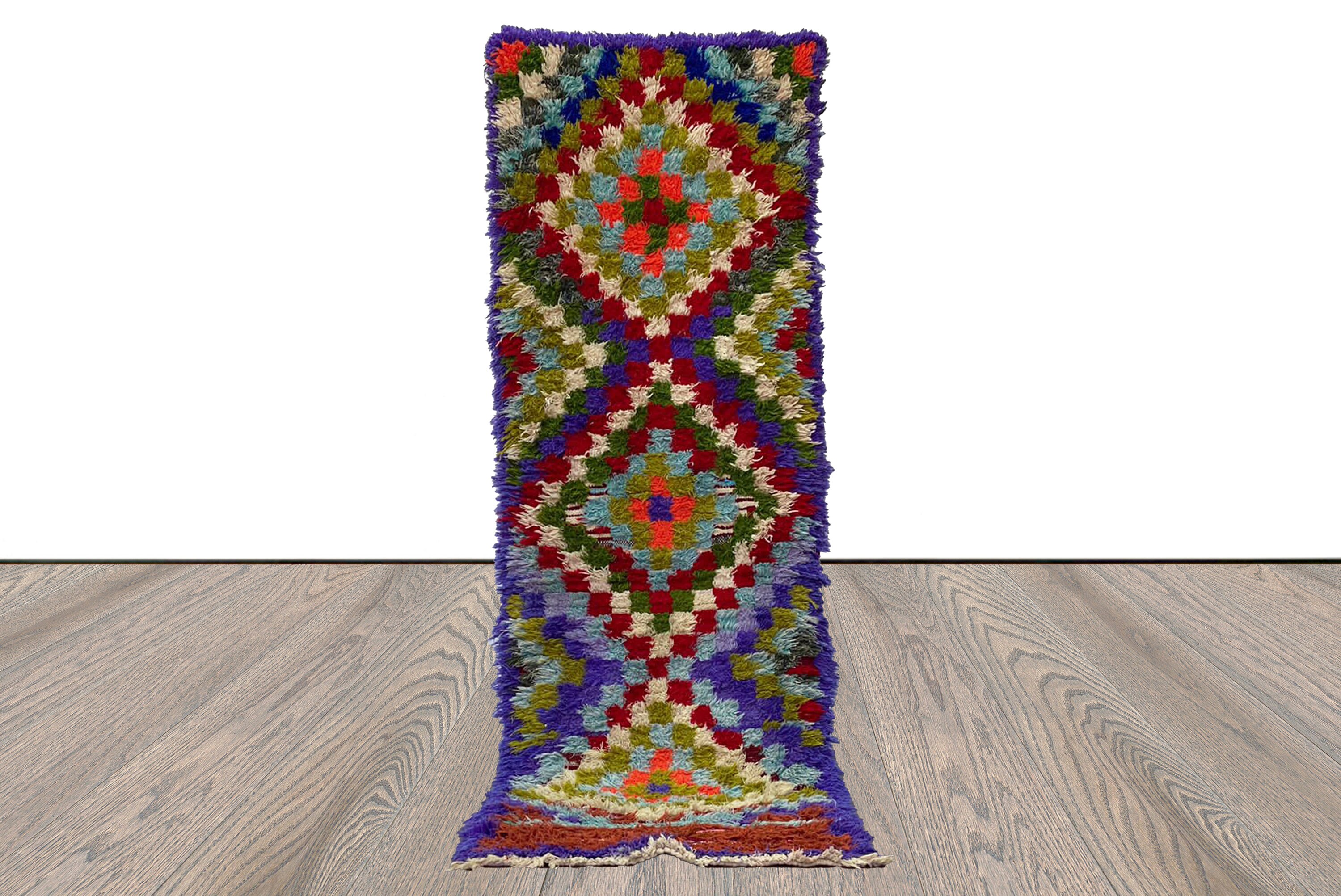 ヴィンテージ モロッコ製 カラフルチェックラグ 3x9 ヴィンテージ カラフル ラグ。チェック柄のモロッコ ナロー