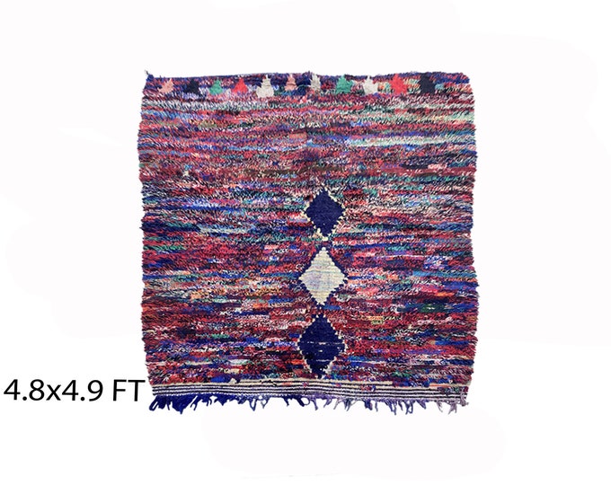 Vintage handwoven area rugs 5x5, Moroccan Berber colorful rug.