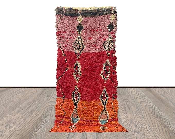 3 By 7 Boucherouite Medium vintage Handwoven Shag runner Rug, colorful red orang and pink Rugs.