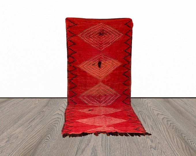 Abstract Red Moroccan Vintage runner Rug 4x11, Extra Long Berber runner Rugs.