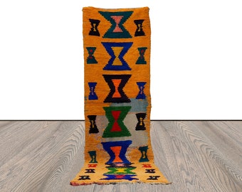 Hand woven Vintage Moroccan Yellow long runner Rug 3x11.
