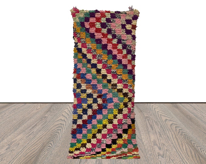 3x7 Boucherouite Moroccan Berber Checkered Rug, Narrow runner vintage colorful Rugs.