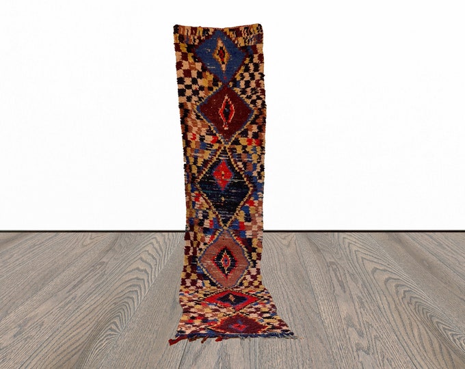 Extra Long Checkered narrow Rug, 2x12 Moroccan Vintage runners Rug.