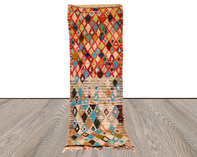 3x8 Moroccan Berber narrow runner Rug, Bohemian Diamond Handwoven Colorful Rugs.