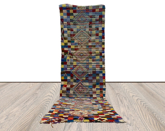 3x10 ft moroccan tribal woven rug, checkered narrow runner rug.