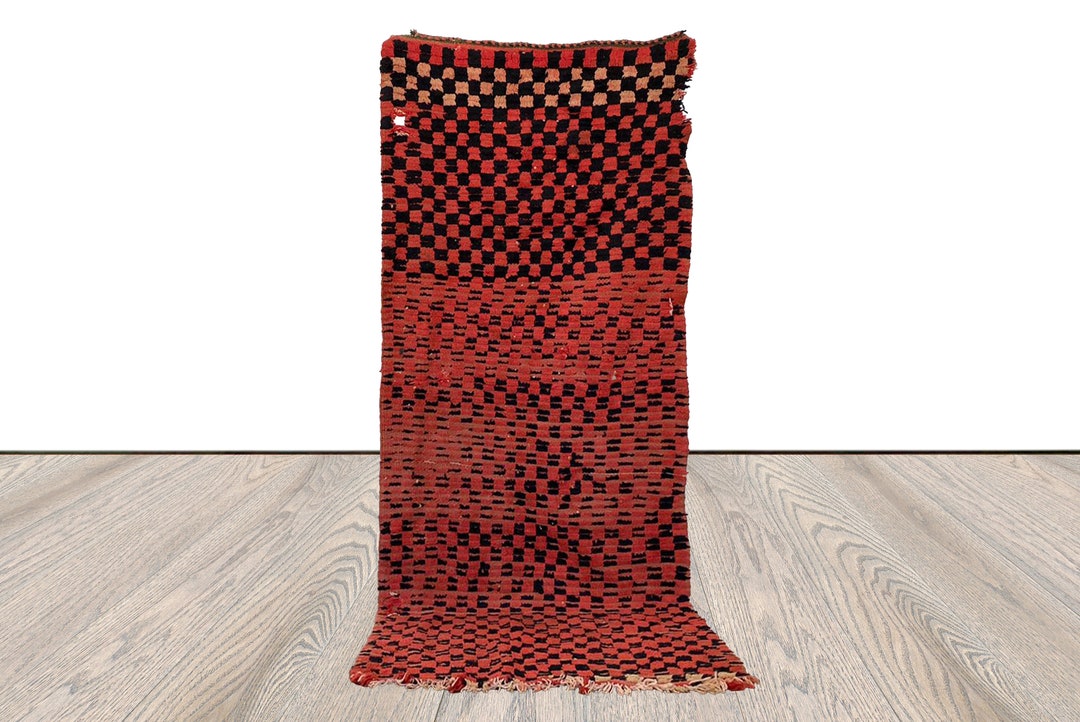 Faded Checkerboard Rug 3 X 6 Feet Moroccan Checkered Runner Rug, Berber Faded Red and Black ...