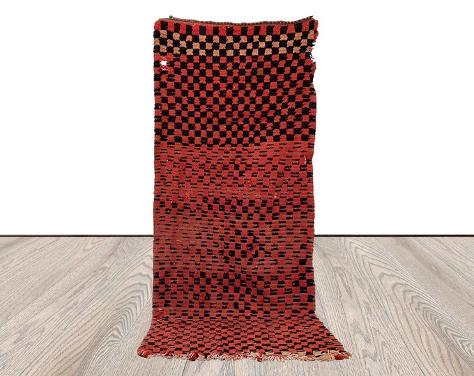 3 x 6 feet Moroccan Checkered runner Rug, Berber Faded red and black narrow Rugs.