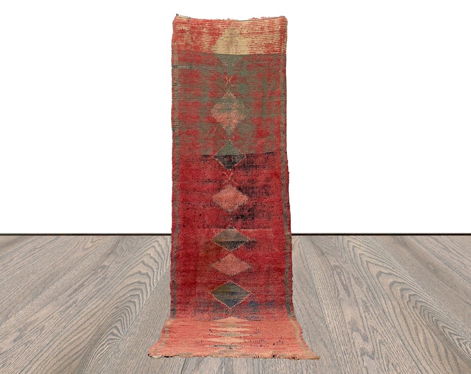 3x10 Moroccan narrow runner Rug, Bohemian Home décor Faded Red Rug.