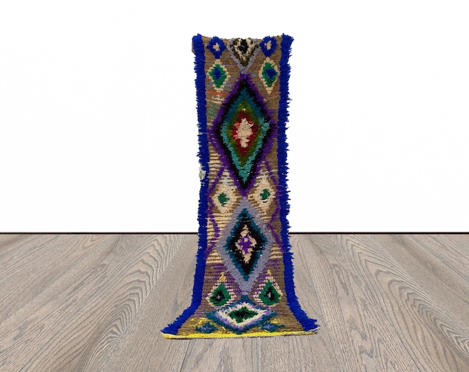 Berber Moroccan narrow Boucherouite 2x9 runner rug.