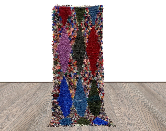 3x9 Diamond Colorful Moroccan runner Rug, Berber vintage shag Rug.