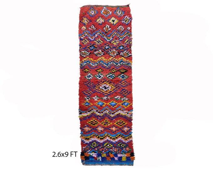 Berber colorful runner rug 3x9, extra narrow Moroccan rug runner.