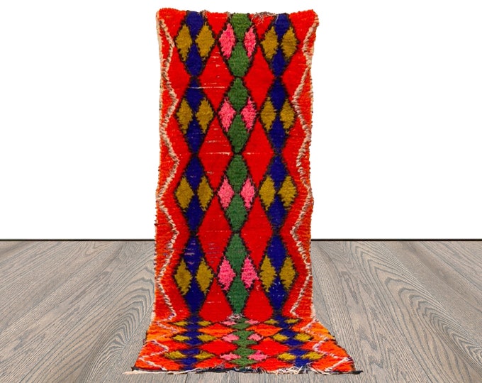 3x8 Narrow Flooring colorful Diamond Rug, Vintage Berber Moroccan runner Rug.