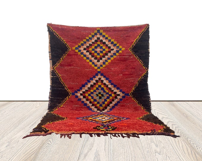 4x6 ft Moroccan vintage red and black Rug, Vintage Boucherouite Rug.